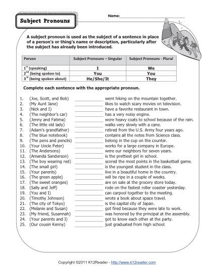 subjective pronoun worksheet