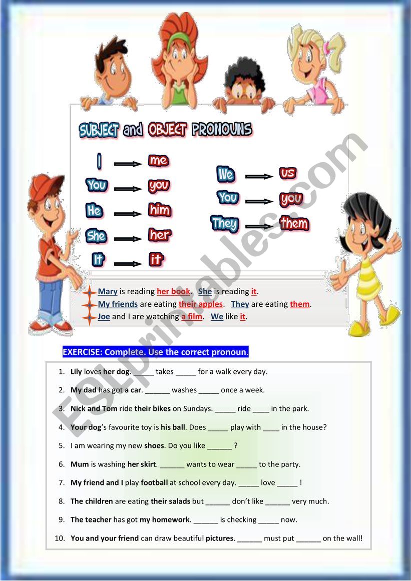 SUBJECT and OBJECT PRONOUNS - ESL worksheet by vivienne71