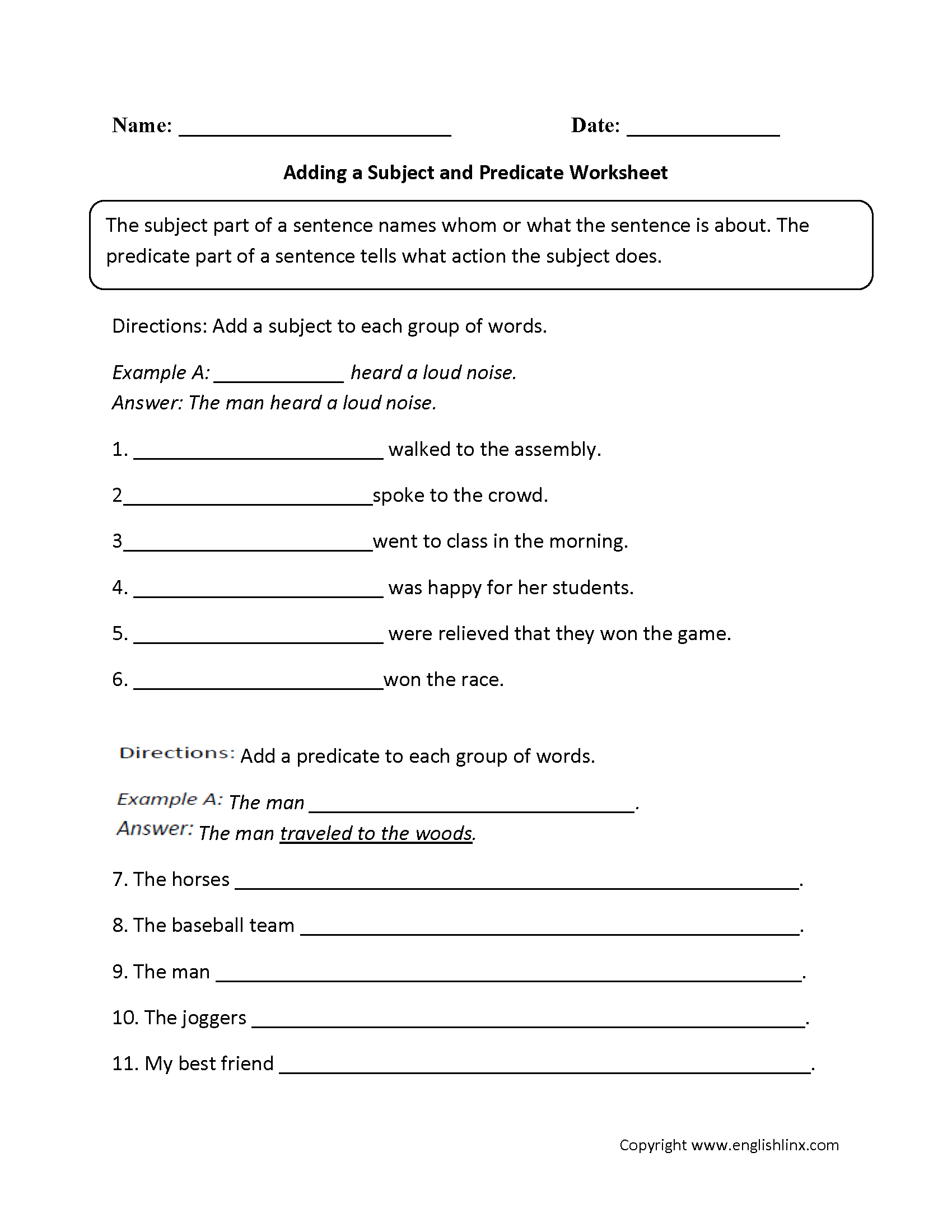 subjects predicates worksheet
