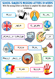 School Subjects Missing Letters In Words Exercise Worksheet