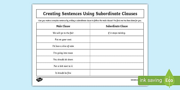 KS2 Writing Subordinate Clauses Worksheet (teacher made)