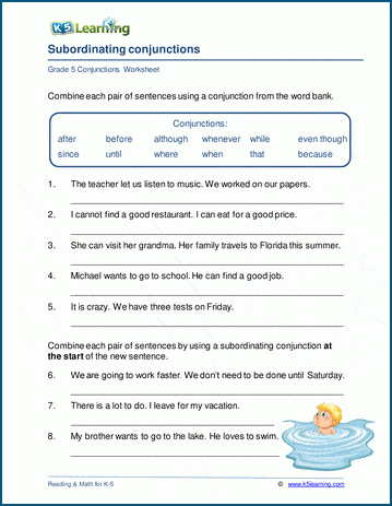 Subordinating conjunction worksheets for grade 5 | Worsheets library