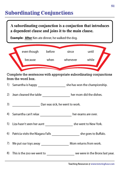Subordinating Conjunctions Worksheets