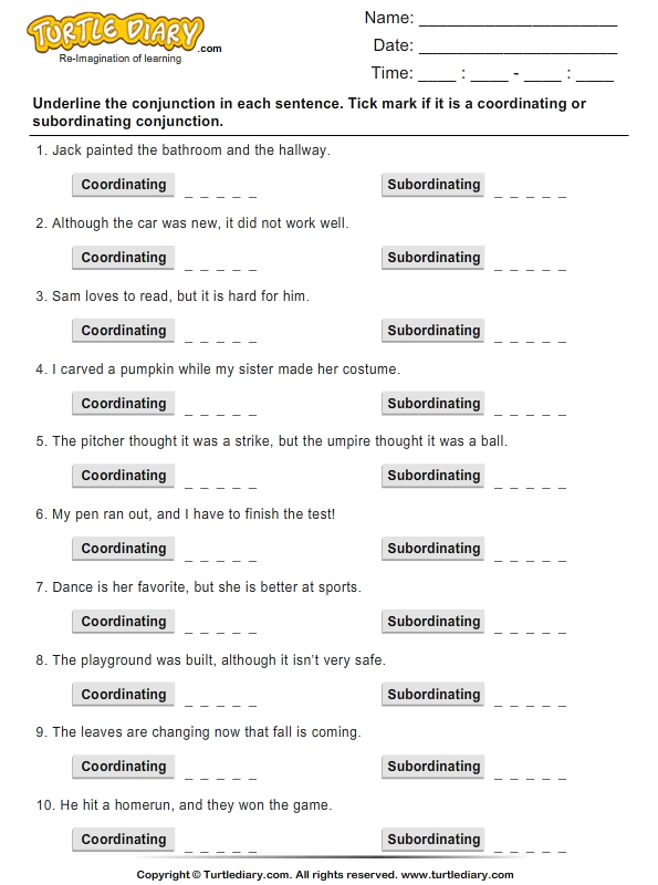 Coordinating and Subordinating Conjunctions | Turtle Diary Worksheet