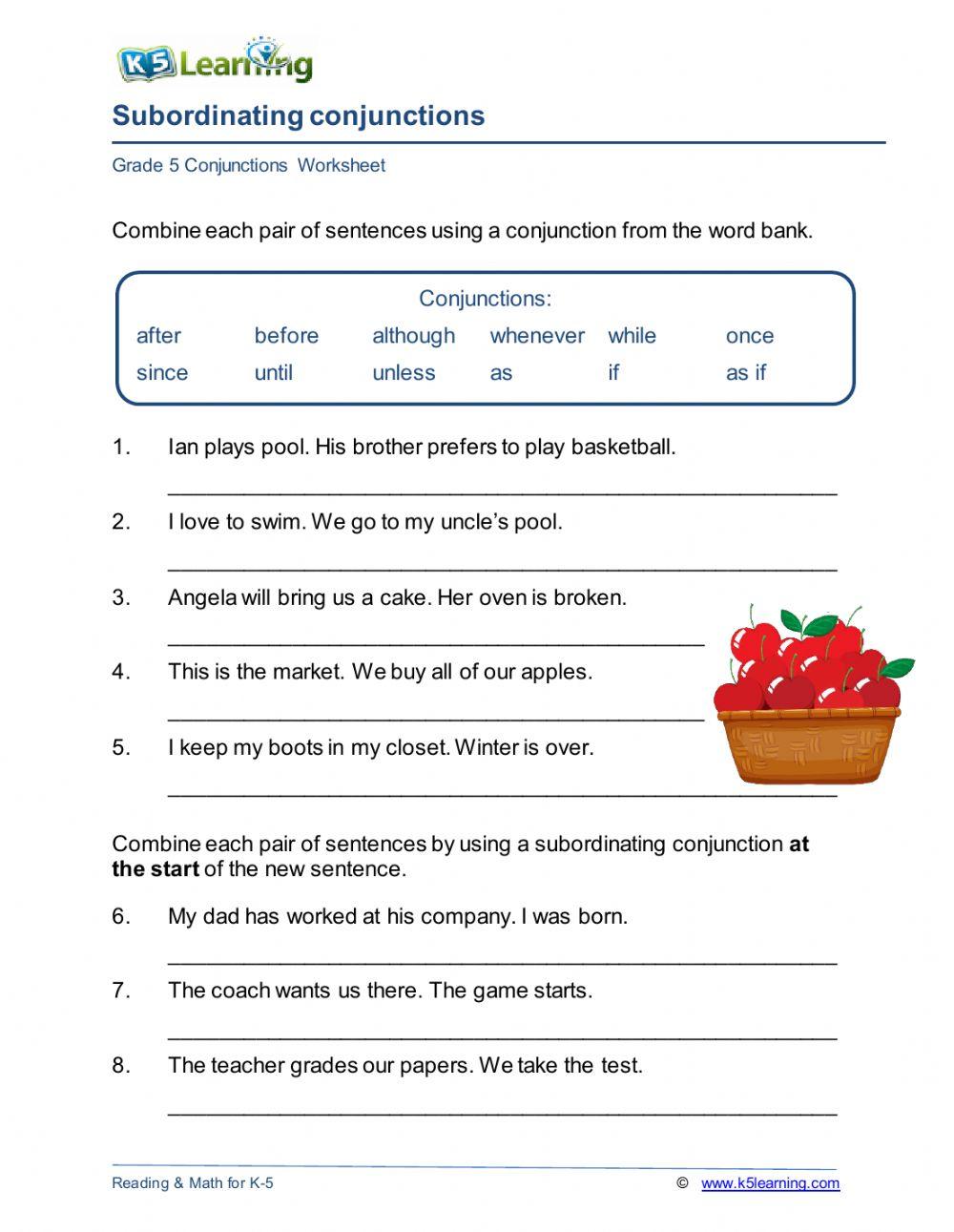 Grade 5 6 Subordinating Conjunctions Worksheet Worksheets Library