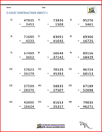 5 Digit Subtraction Worksheets
