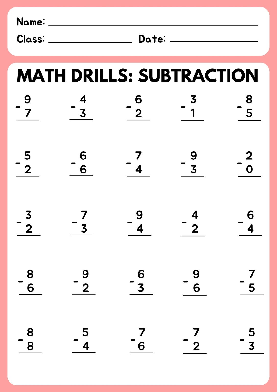 Free subtraction worksheet templates to edit and print 
