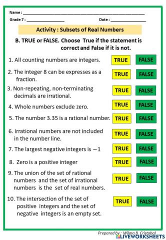 Subsets of real numbers worksheet  