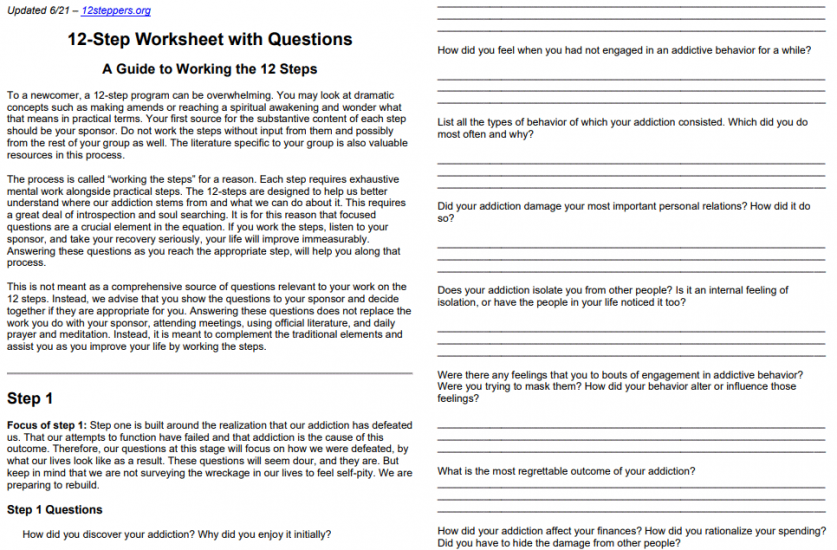 12 Step Worksheet Questions [Free Download &  Print] - 12 Steppers