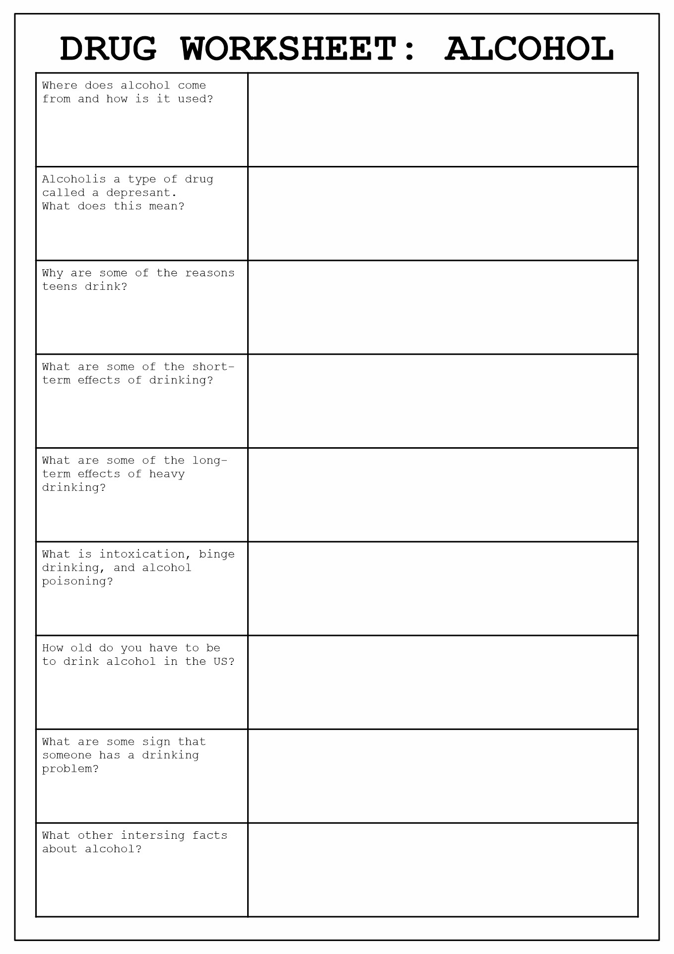 Drug Education Worksheets For Teens