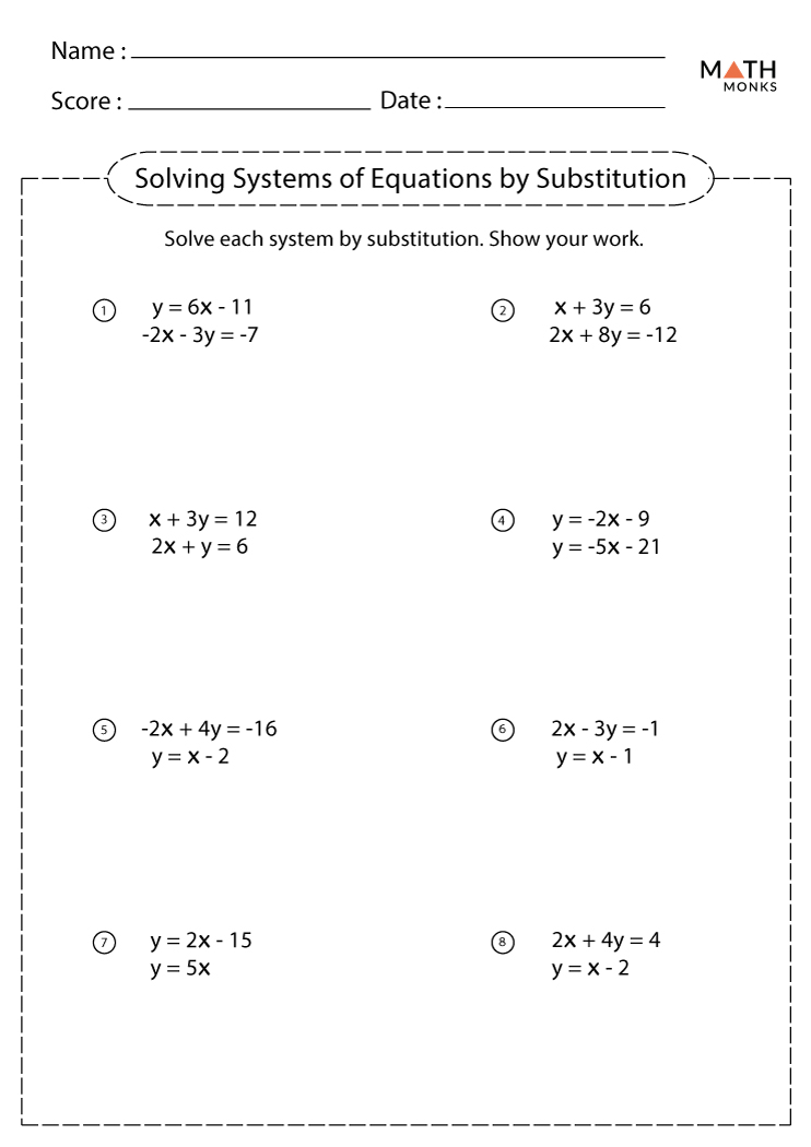 Solving Systems of Equations by Substitution Worksheets - Math Monks