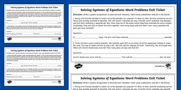 Eighth Gr Solving Systems of Equations by Sub Wr Problems Exit Ticket