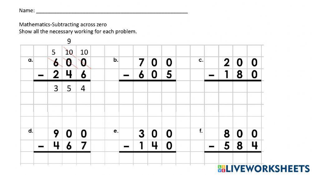 subtract across zero worksheet