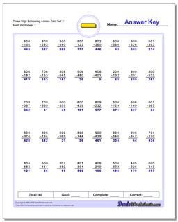 Subtraction Worksheets: Borrowing Across Zero