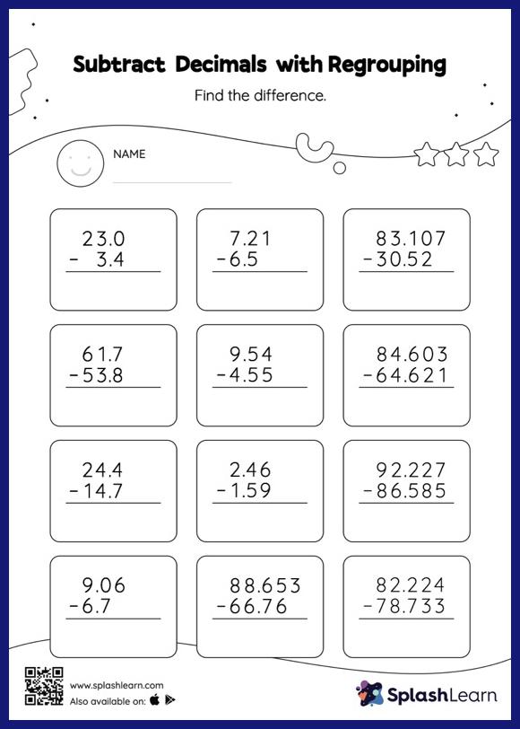 subtract decimals worksheet