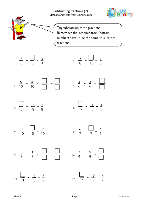 subtract fractions printables