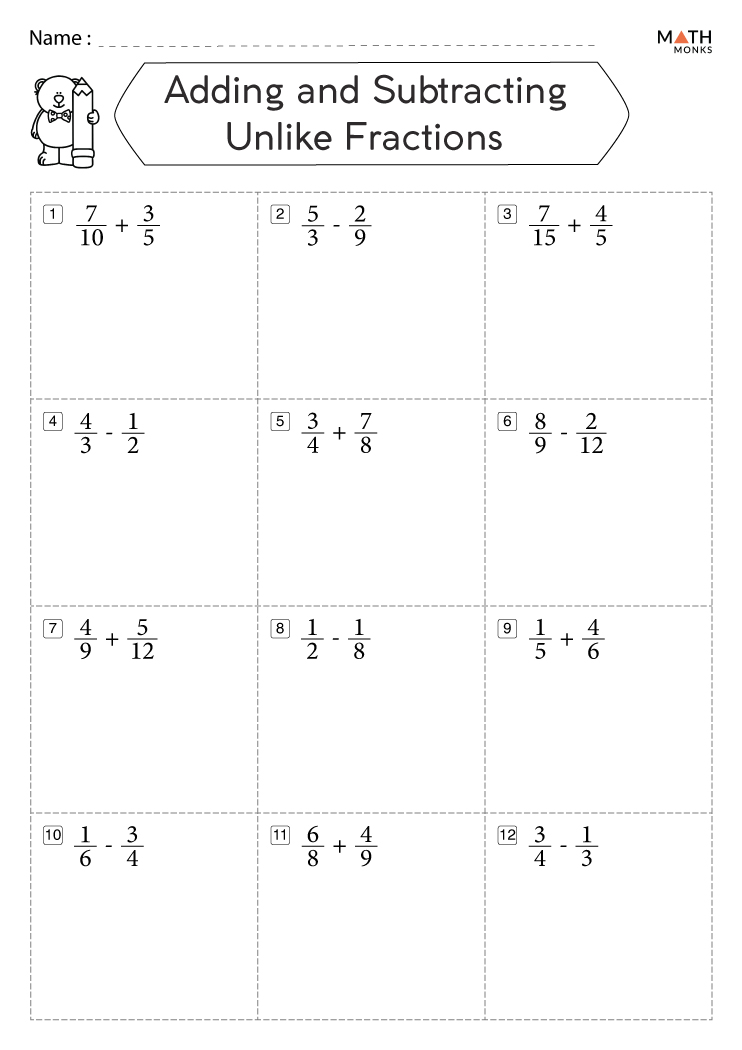 subtract fractions with unlike denominators worksheet