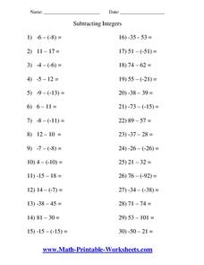 Subtracting Integers Worksheet for 5th - 10th Grade | Lesson Planet