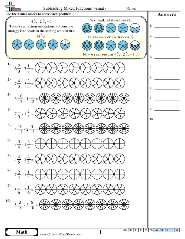 Subtracting Mixed Fractions (visual) Worksheet Download
