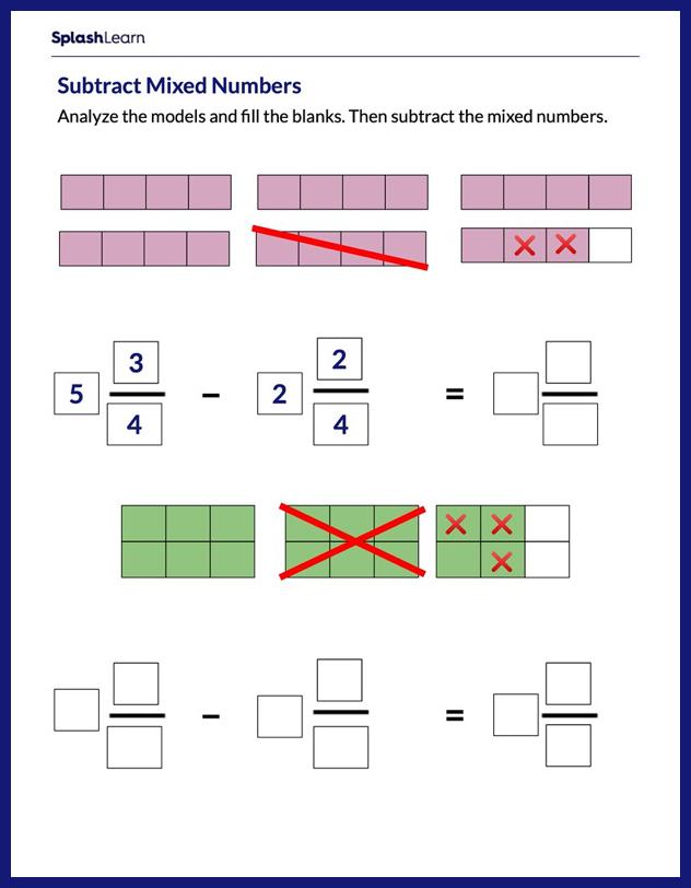 Subtract Mixed Numbers Using Models - Math Worksheets - SplashLearn
