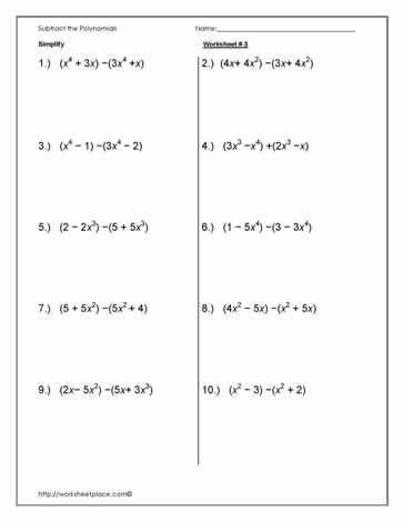 Polonomials-Subtraction-3 Worksheets