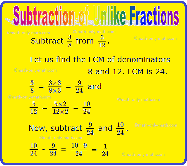 Subtraction of Unlike Fractions | Subtracting Fractions | Examples