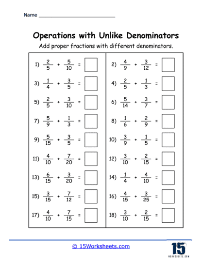 subtract unlike fractions worksheet