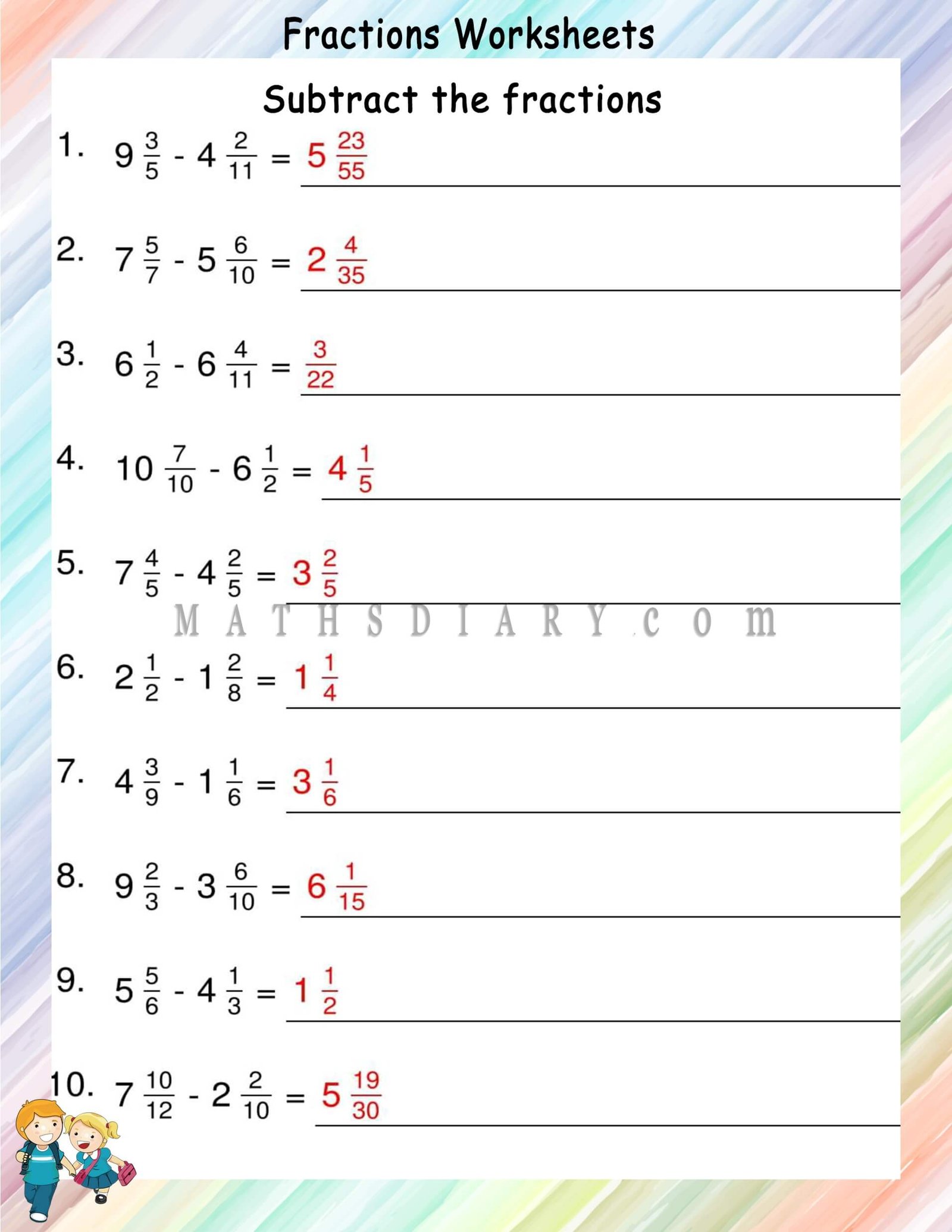 subtract unlike fractions worksheet