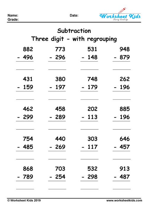 3 digit subtraction with regrouping worksheets for 2nd and 3rd ...
