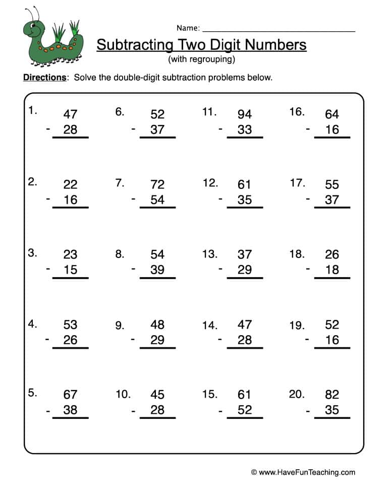 Double Digit Subtraction With Regrouping Worksheet  