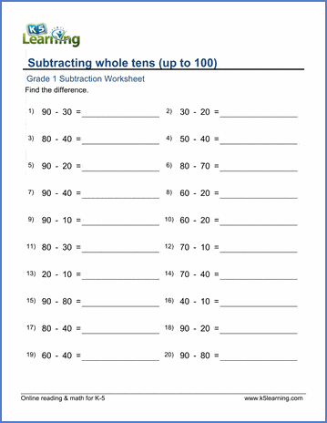 Grade 1 Math Worksheet - Subtracting whole tens (up to 100) | Worsheets library...