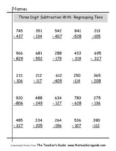 subtracting 3 digit numbers with regrouping worksheet