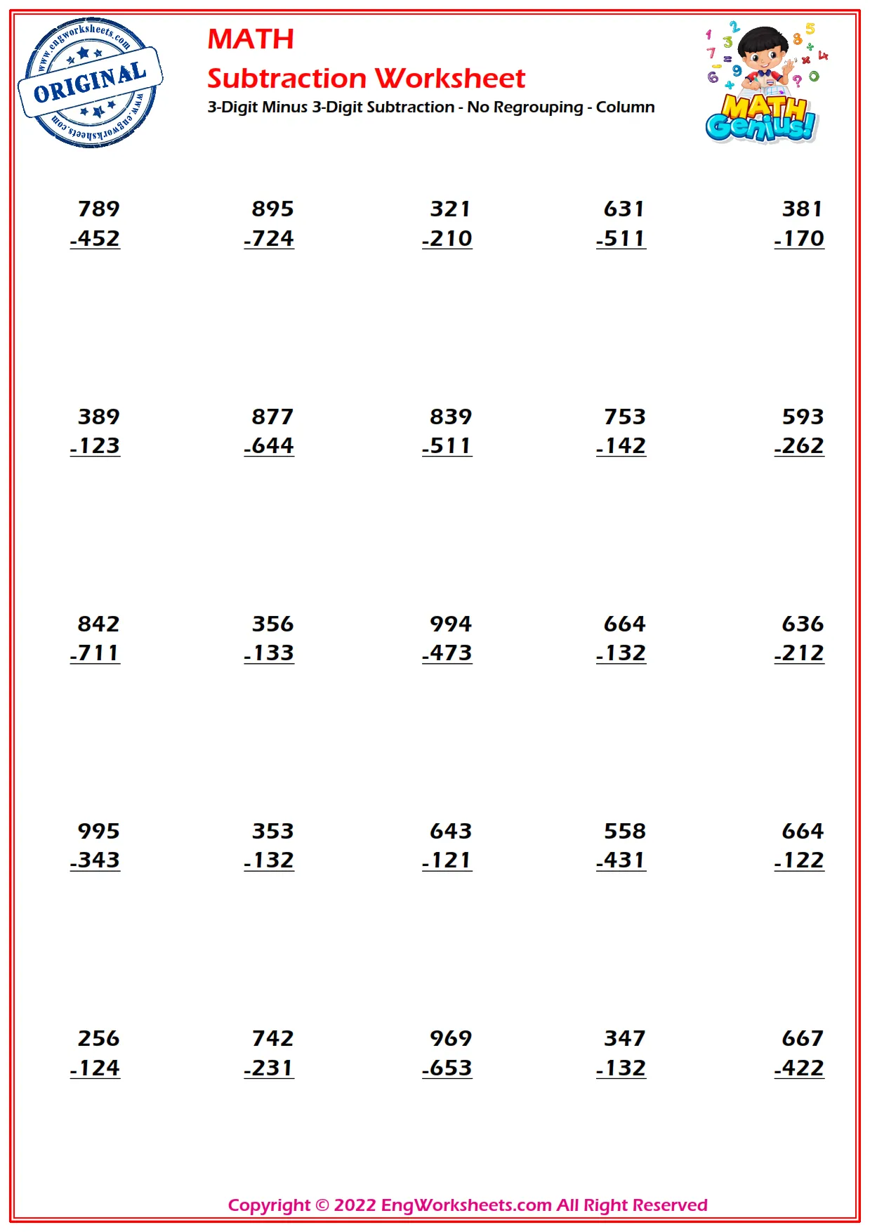 3-Digit Subtraction - No Regrouping Worksheets and Exercise ...