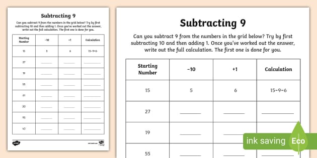 ? Subtracting 9 Activity Sheet (teacher made) - Twinkl