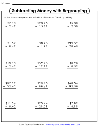 subtracting coins worksheet