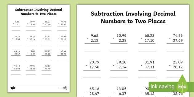 Subtraction of Whole Numbers and Decimals to Two Places Worksheet