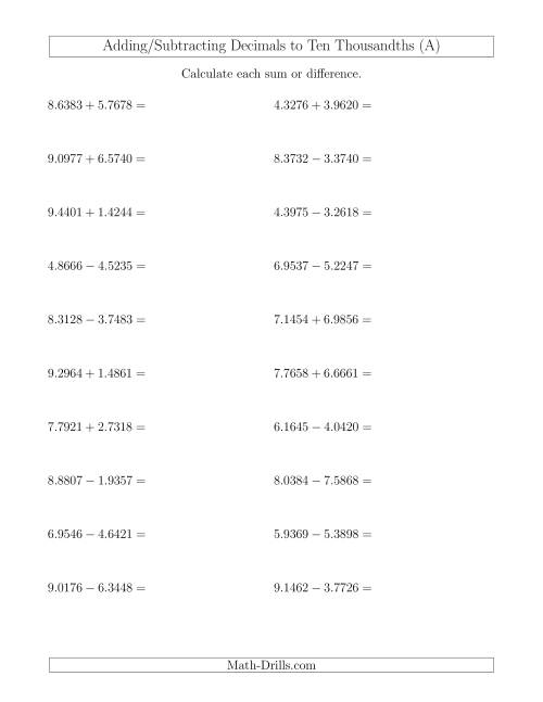 Adding and Subtracting Decimals to Ten Thousandths Horizontally (A)