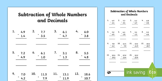 Subtraction of Whole Numbers and Decimals Worksheet - Twinkl
