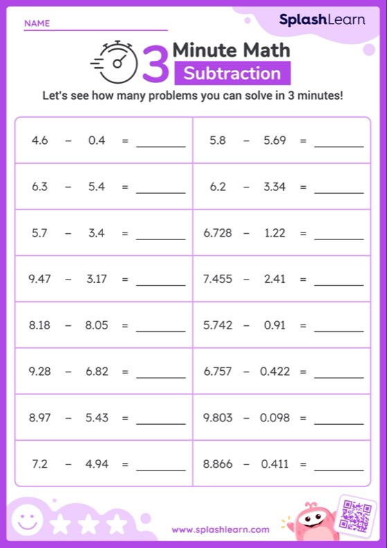subtracting decimals worksheet horizontal