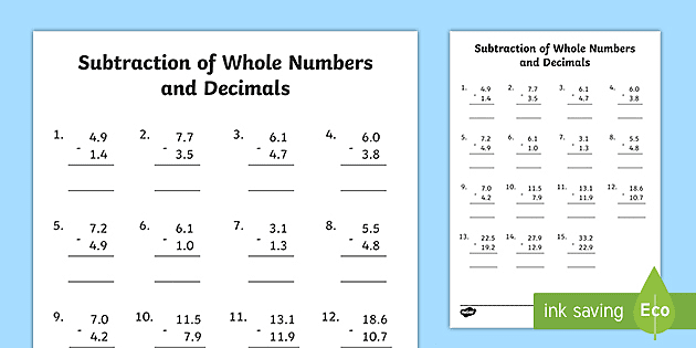 Subtraction of Whole Numbers and Decimals Worksheet - Twinkl
