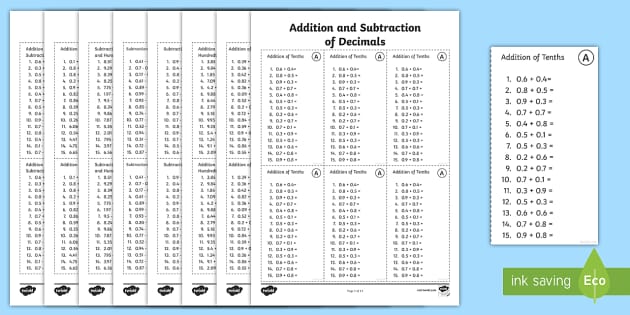 Addition and Subtraction of Decimals Horizontal Worksheet
