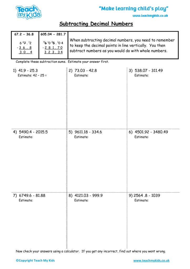 subtracting decimals worksheet ks2