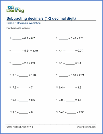 subtracting decimals worksheet year 6