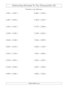 Subtracting Decimals Worksheet for 5th - 7th Grade | Lesson Planet