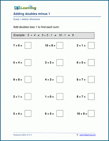 Adding doubles minus 1 worksheets | Worsheets library