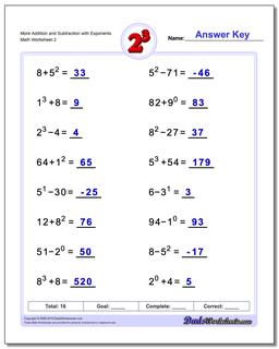 Exponents Worksheets: Mixed Addition And Subtraction with Exponents
