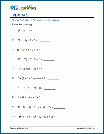 PEMDAS including exponents | Worsheets library
