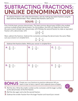 subtracting fractions different denominators worksheet