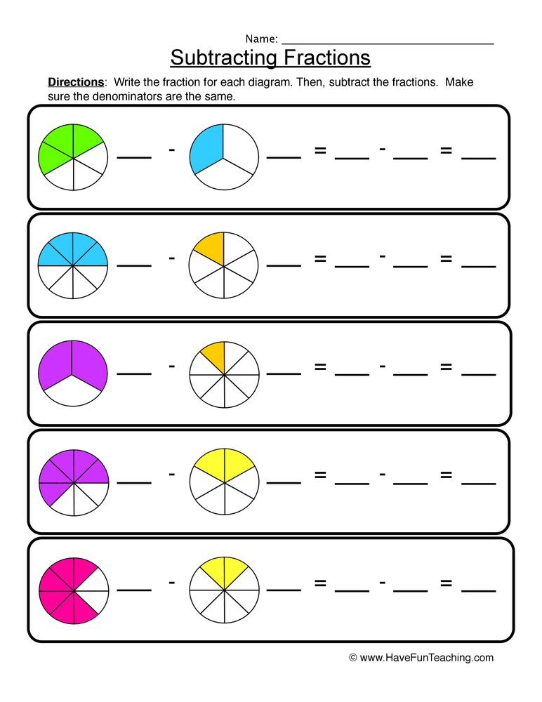 subtracting fractions different denominators worksheet