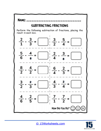subtracting fractions different denominators worksheet